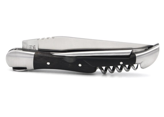 Laguiole knife 12 cm, horse pattern, blade and awl and corkscrew, dark horn tip handle