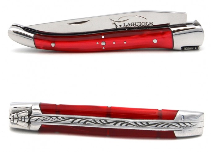 Laguiole pocket knife, 10 cm, welded bee, Acrylic - Pearly red handle with shiny bolsters