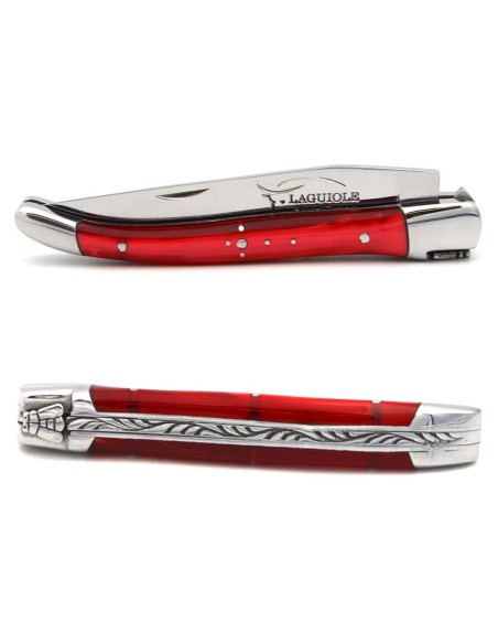 Laguiole pocket knife, 10 cm, welded bee,  red acrylic handle with shiny bolsters