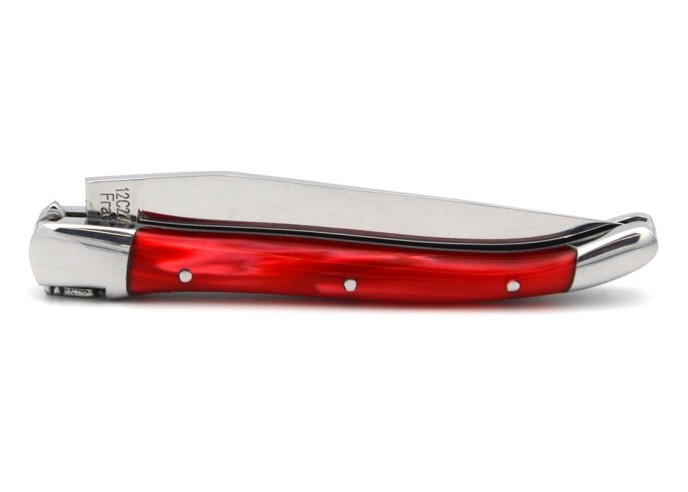 Laguiole pocket knife, 10 cm, welded bee,  red acrylic handle with shiny bolsters