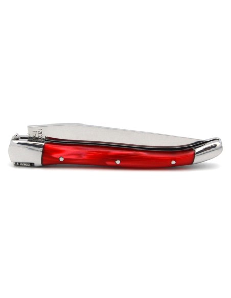 Laguiole pocket knife, 10 cm, welded bee,  red acrylic handle with shiny bolsters