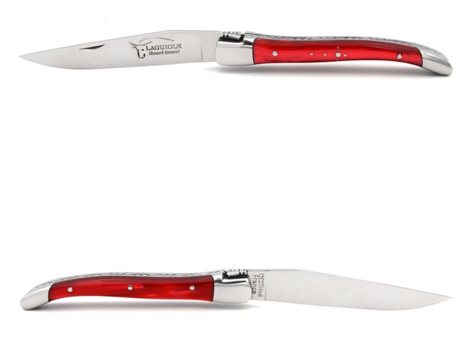 Laguiole Klappmesser, 10cm, Geschweißte Biene, Heftbacken aus glänzendem Edelstahl, Griff aus Acryl - rot