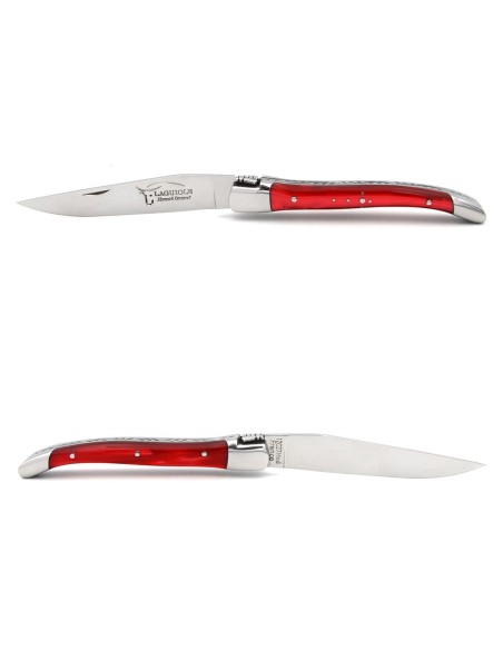 Laguiole pocket knife, 10 cm, welded bee,  red acrylic handle with shiny bolsters