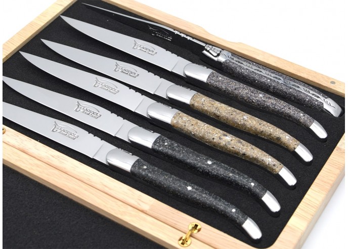 Laguiole steak knives, oyster and mussel shells and foundry sand wide handles