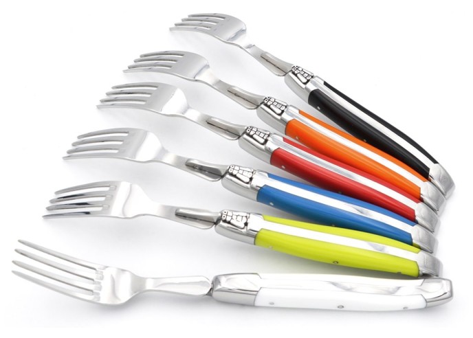 Laguiole forks with shiny stainless steel bolsters. Slim various colors Corian handles