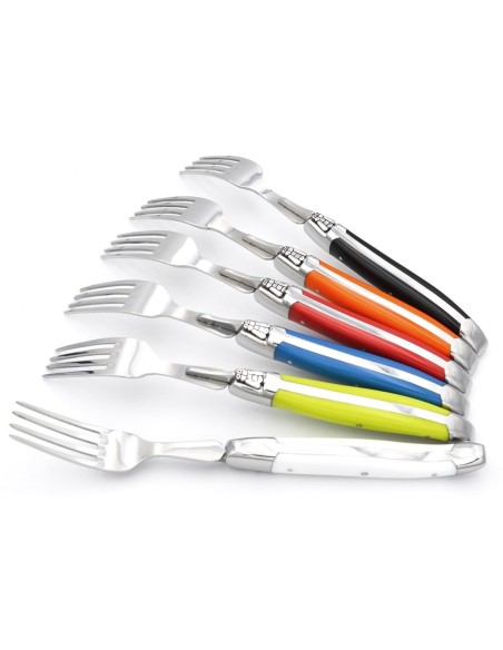 Laguiole forks with shiny stainless steel bolsters. Slim various colors Corian handles