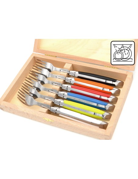 Laguiole forks with shiny stainless steel bolsters. Slim various colors Corian handles