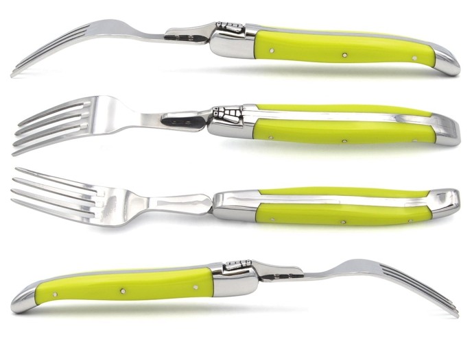 Laguiole forks with shiny stainless steel bolsters. Slim various colors Corian handles