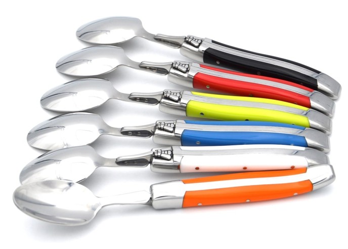 Laguiole tea spoons with shiny stainless steel bolsters. White Corian handles.Dishwasher safe.