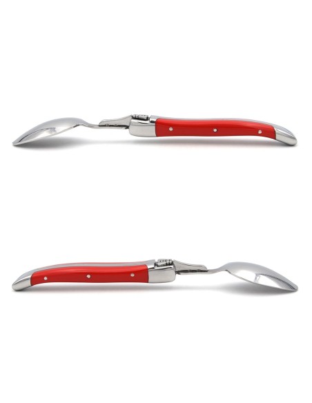 Laguiole tea spoons with shiny stainless steel bolsters. White Corian handles.Dishwasher safe.