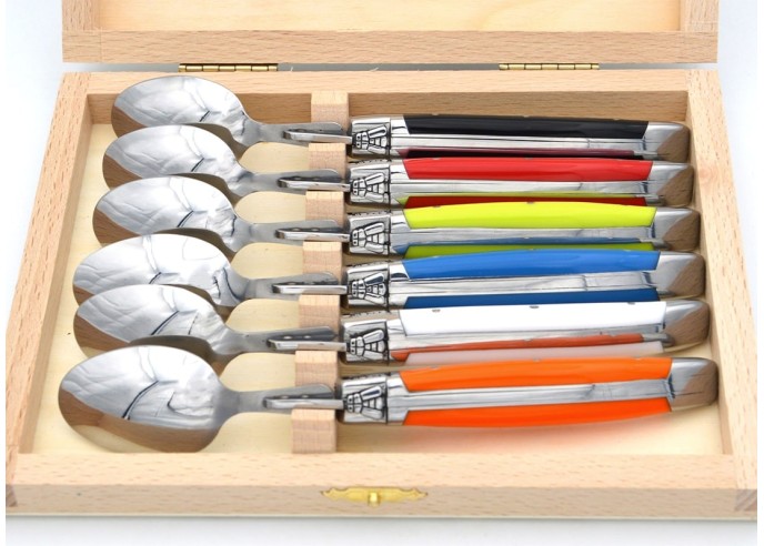 Laguiole tea spoons with shiny stainless steel bolsters. White Corian handles.Dishwasher safe.