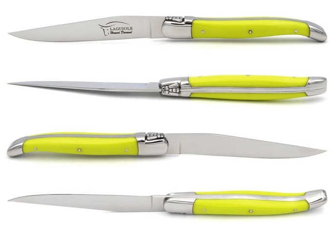 Laguiole Steakmesser, Heftbacken aus glänzendem Edelstahl, fein Griff aus Corian, 6 Farben, spülmaschinenfest