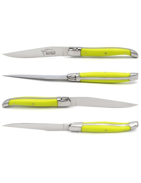 Laguiole steak knives with shiny stainless steel bolsters. Slim mixed colors Corian handles