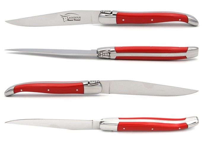 Laguiole Steakmesser, Heftbacken aus glänzendem Edelstahl, fein Griff aus Corian, 6 Farben, spülmaschinenfest