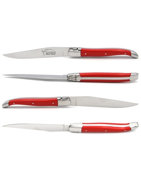 Laguiole steak knives with shiny stainless steel bolsters. Slim mixed colors Corian handles