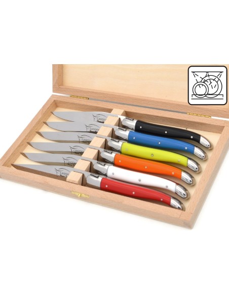 Laguiole steak knives with shiny stainless steel bolsters. Slim mixed colors Corian handles