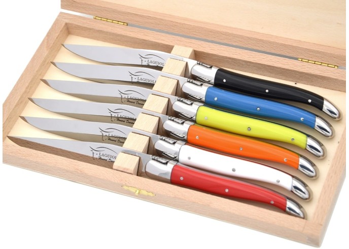 Laguiole Steakmesser, Heftbacken aus glänzendem Edelstahl, fein Griff aus Corian, 6 Farben, spülmaschinenfest