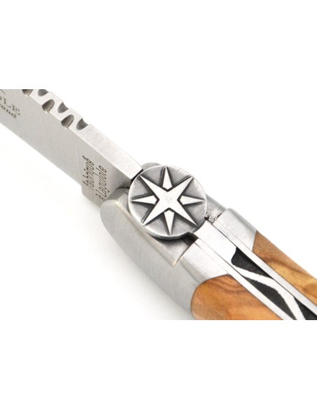 Laguiole pliant 12 cm, rose des vents, lame seule, manche en olivier