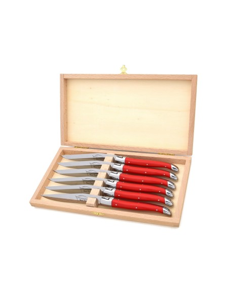 Laguiole steak knives. Slim red Corian handles with shiny stainless steel bolsters. Dishwasher safe