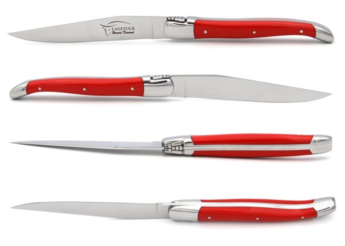 Coffret d'authentiques couteaux Laguiole de table manche corian rouge