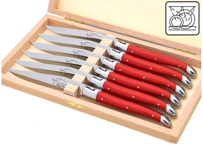 Laguiole steak knives. Slim red Corian handles with shiny stainless steel bolsters. Dishwasher safe