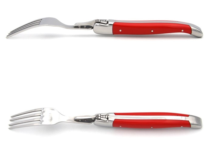 Laguiole forks with shiny stainless steel bolsters. Slim red Corian handles