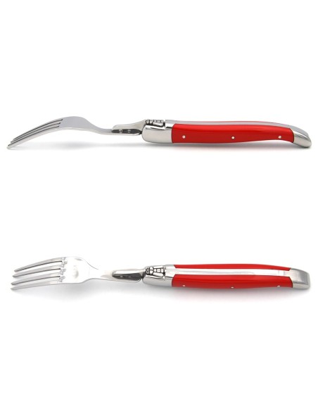 Laguiole Tafelgabeln, Heftbacken aus glänzendem Edelstahl, fein Griff aus rot Corian