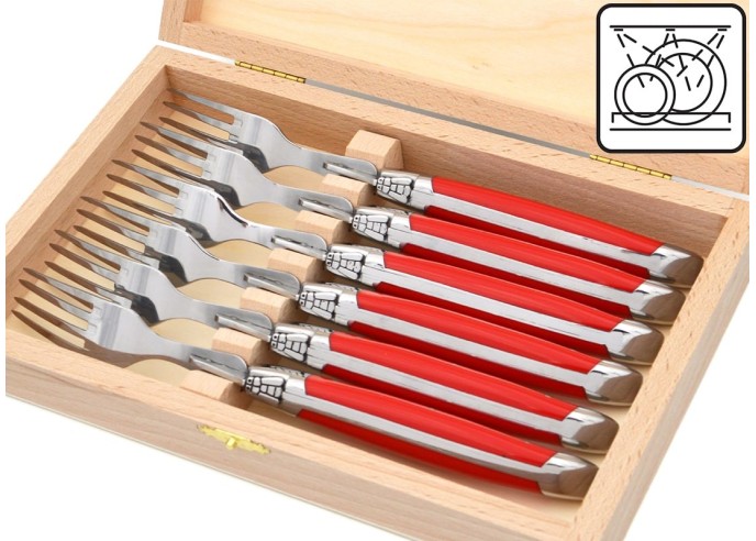 Laguiole forks with shiny stainless steel bolsters. Slim red Corian handles