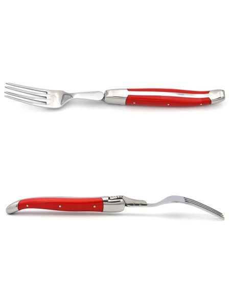 Laguiole forks with shiny stainless steel bolsters. Slim red Corian handles