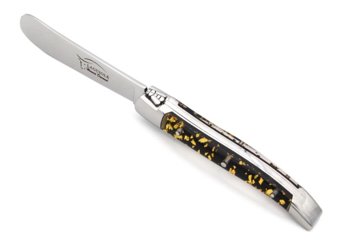 Laguiole butter knife, slim gold leaf inclusion handle (black background)