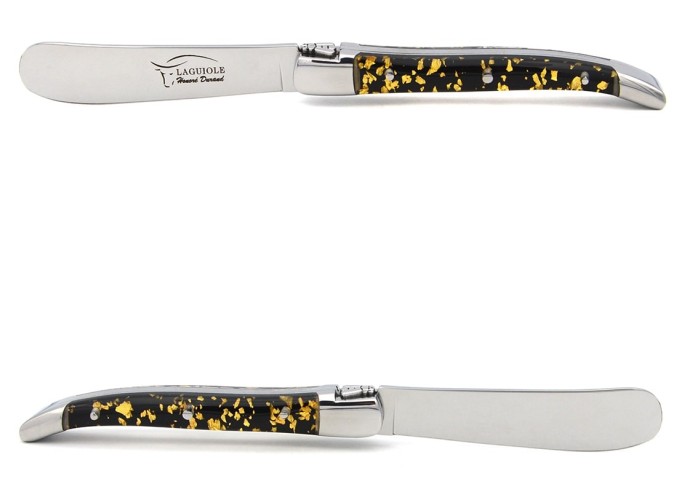 Laguiole butter knife, slim gold leaf inclusion handle (black background)