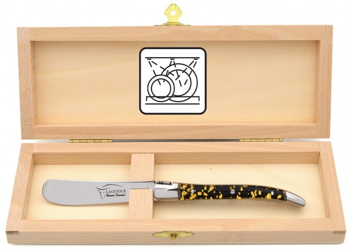 Laguiole butter knife, slim gold leaf inclusion handle (black background), shiny stainless steel bolsters, dishwasher safe