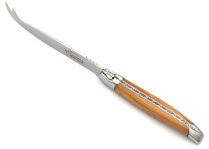 Laguiole Käsemesser, Heftbacken aus glänzendem Edelstahl, breiterer Griff aus Olivenholz