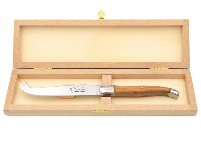Laguiole Käsemesser, Heftbacken aus glänzendem Edelstahl, breiterer Griff aus Olivenholz