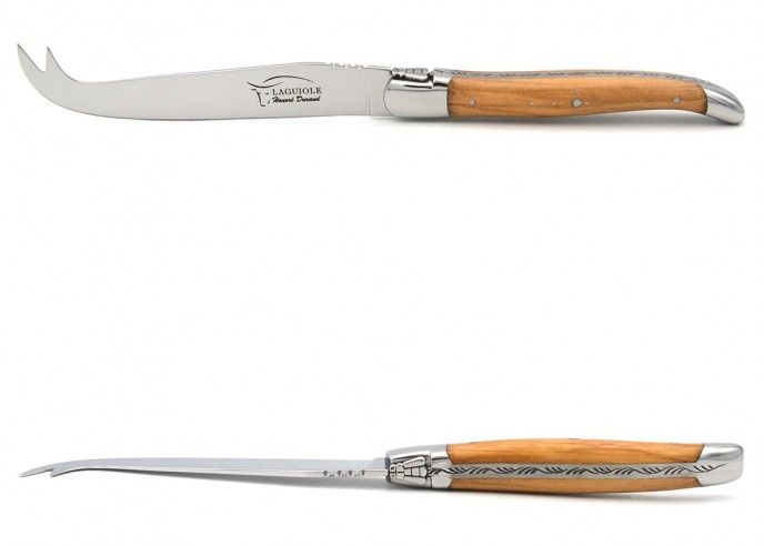 Laguiole cheese knife with shiny stainless steel bolsters. Wide olive wood handle