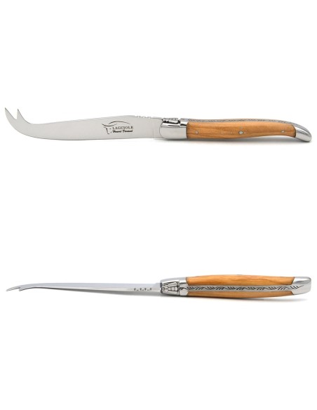 Couteau à fromage avec mitres inox brillant et manche bois d'olivier