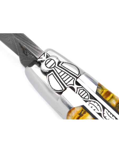 Laguiole pocket knife, 12 cm, "wild" Damascus steel blade, bee and spring hand-chiseled, yellow mammoth molar handle