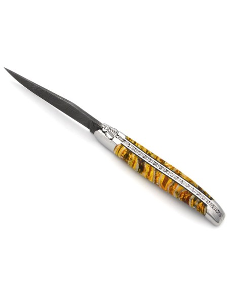 Laguiole pocket knife, 12 cm, "wild" Damascus steel blade, bee and spring hand-chiseled, yellow mammoth molar handle