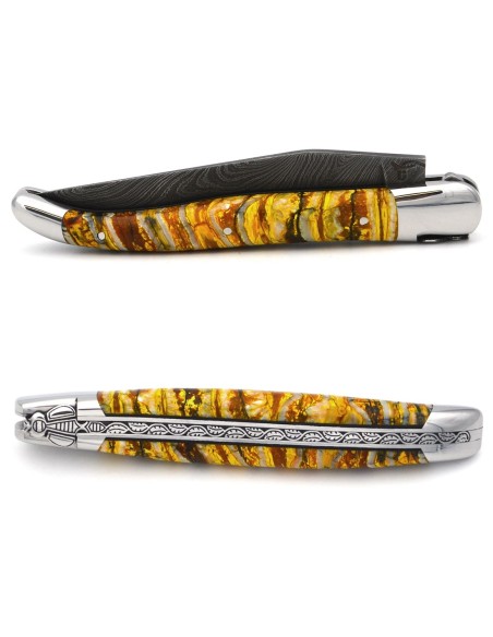 Laguiole pocket knife, 12 cm, "wild" Damascus steel blade, bee and spring hand-chiseled, yellow mammoth molar handle