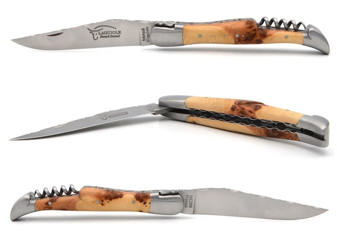 Laguiole pliant 12 cm, tire-bouchon, ciselé dessus-dessous, genévrier