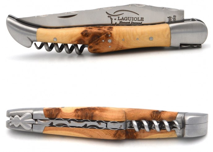 Laguiole pocket knife, 12 cm, blade and corkscrew, top and bottom chiseling, juniper handle with matt bolsters