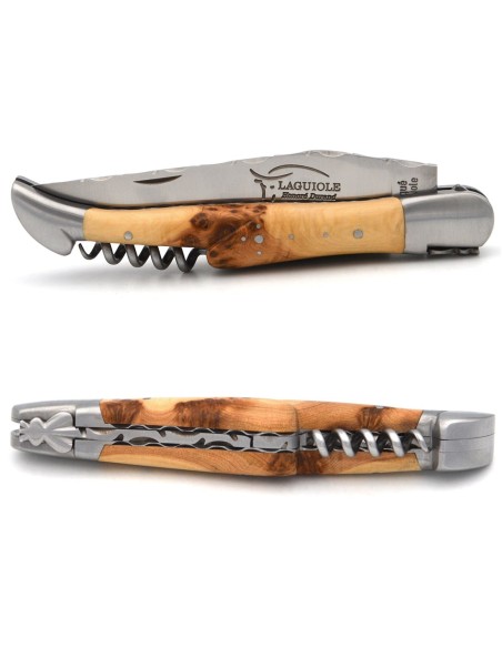 Laguiole pliant 12 cm, tire-bouchon, ciselé dessus-dessous, genévrier