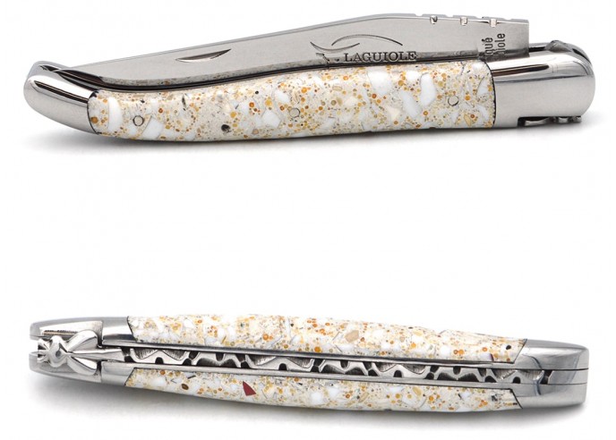 Laguiole pocket knife, 12 cm, porcelain handle (recycled), forged bee, shiny bolsters