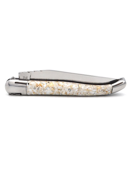 Laguiole pliant 12 cm, manche en porcelaine, abeille forgée, lame seule