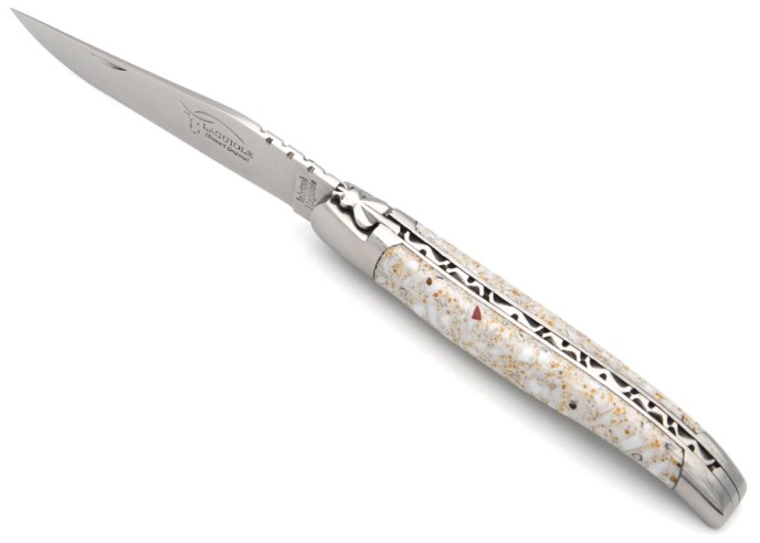 Laguiole pliant 12 cm, manche en porcelaine, abeille forgée, lame seule
