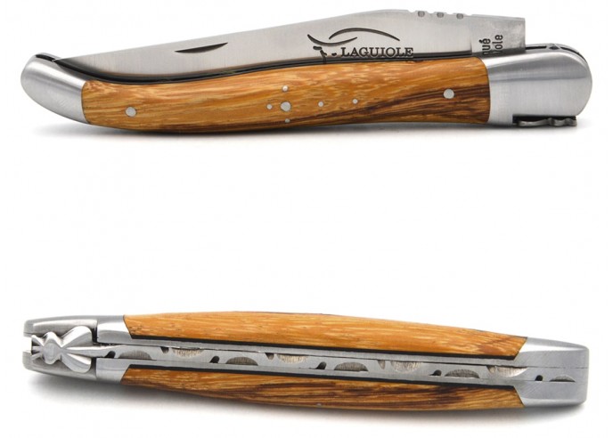 Laguiole pocket knife 12 cm, forged bee, marblewood & black interlayer handle, matt bolsters