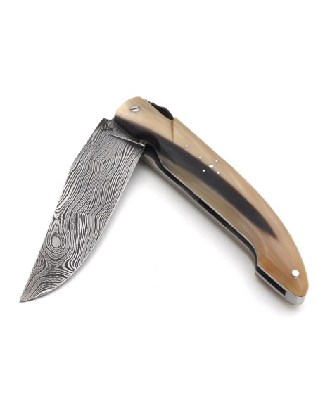 Laguiole, modèle Chasse, lame damas, plein manche inox mat, pointe de corne claire