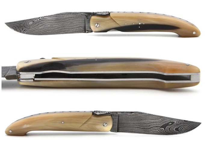 Laguiole-Jagdmesser, Damast Klinge, 13cm, Voller Griff aus Hornspitze