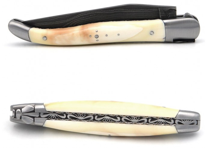 Laguiole Warthog tooth - 12 cm - Damascus steel - Liners chiseled
