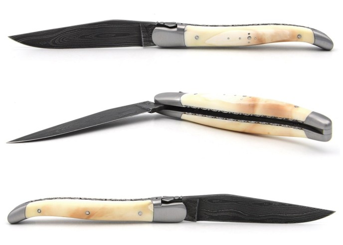 Laguiole Klappmesser, Damast, Handziseliert mit Metallfeile